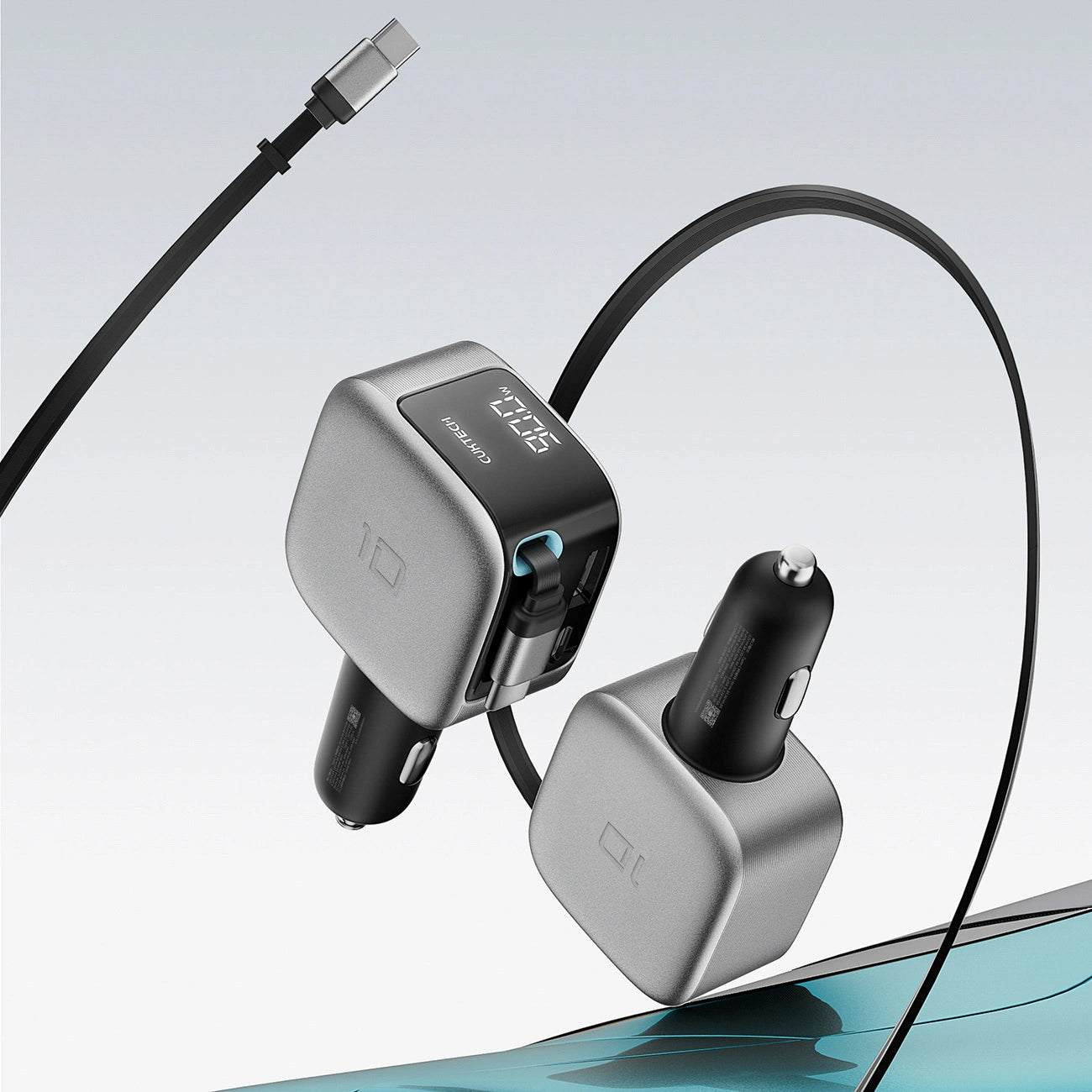 Auto punjač s USB-C kabelom Cuktech CC903P Display, 100W, 5A, 1 x USB-A - 1 x USB-C, Siva