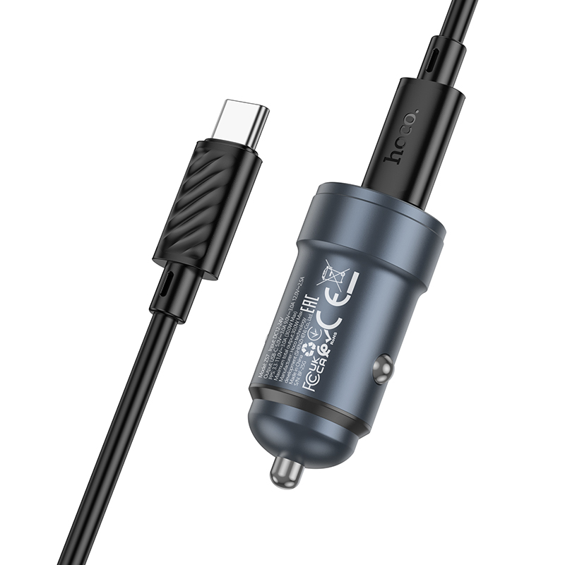 Auto punjač s USB-C kabelom HOCO Z57, 30W, 3A, 1 x USB-C, Siva