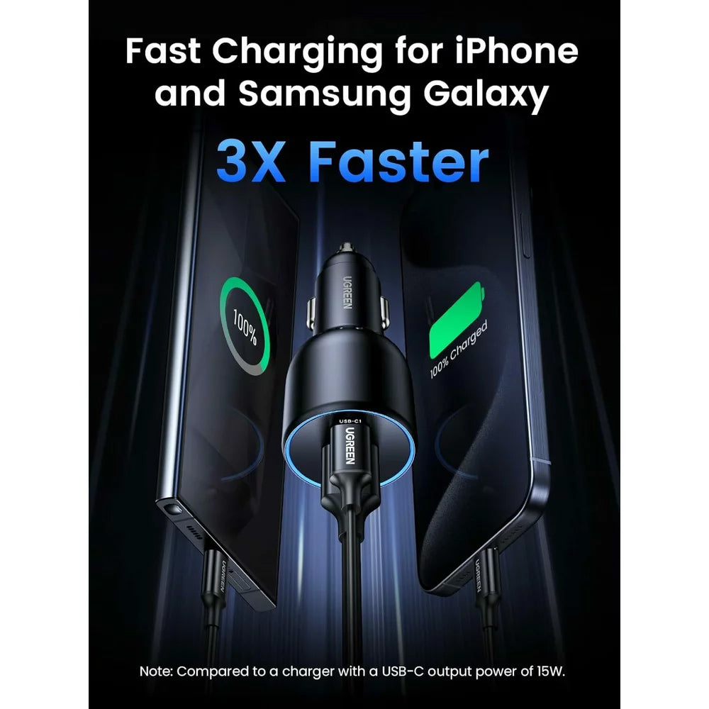 Auto punjač s USB-C kabelom UGREEN CD293, 130W, 5A, 1 x USB-A - 2 x USB-C, Crni