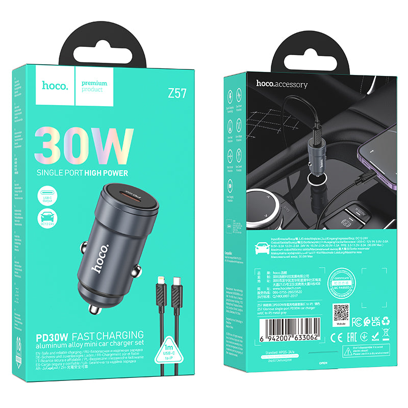 Auto punjač s Lightning kabelom HOCO Z57, 30W, 3A, 1 x USB-C, Sivi