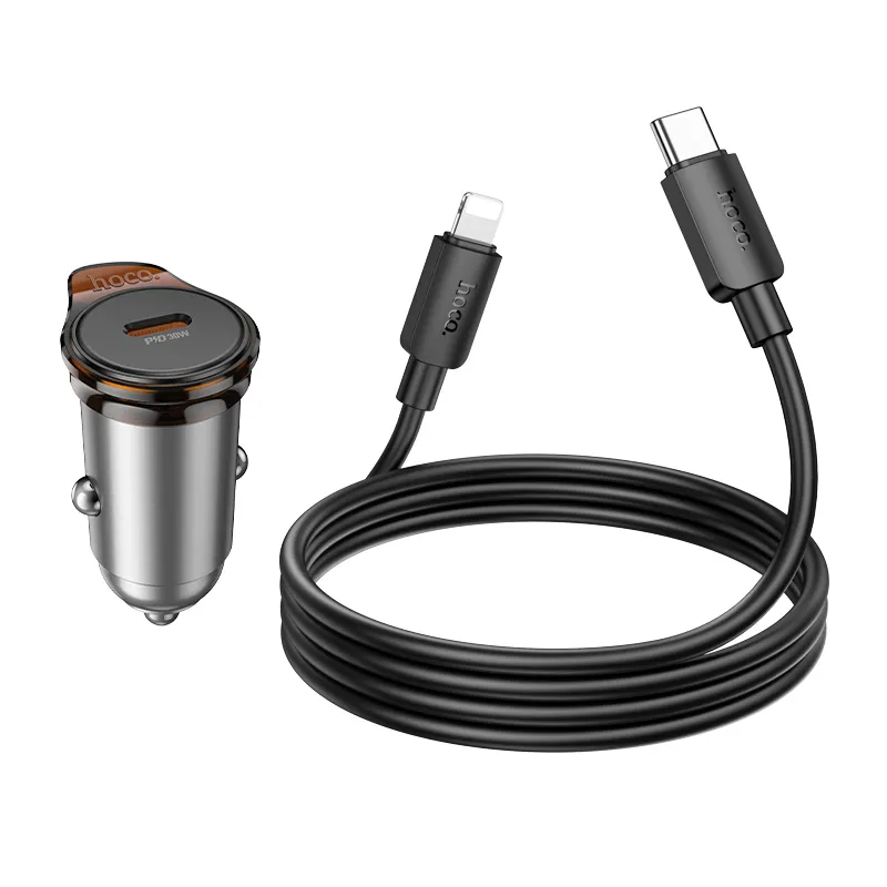 Auto punjač s Lightning kabelom HOCO NZ16, 30W, 3A, 1 x USB-C, Sivi