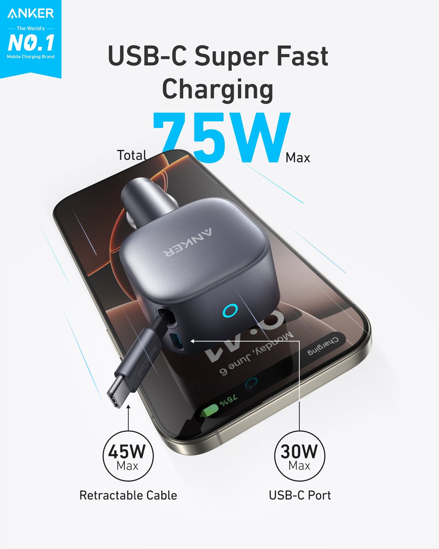 Auto punjač s USB-C kabelom Anker Nano, 75W, 3A, 1 x USB-C, Sivi A2738HA2