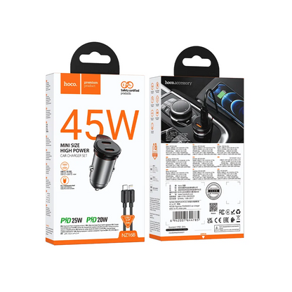 Auto punjač s Lightning kabelom HOCO NZ16B, 45W, 3A, 2 x USB-C, Sivi