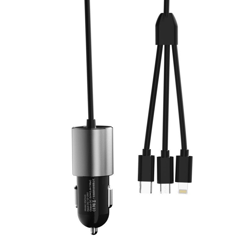 Auto punjač s Lightning / microUSB / USB-C kabelom Dudao R5ProN, 17W, 3.4A, 1 x USB-A, Crni