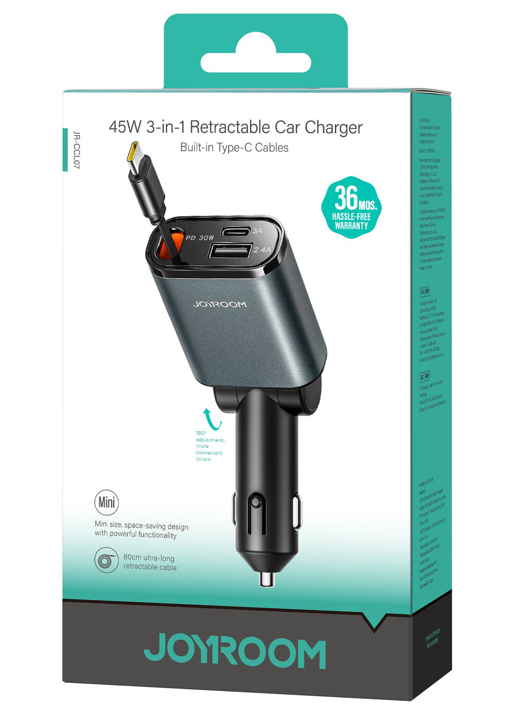 Auto punjač s USB-C kabelom Joyroom JR-CCL07, 30W, 3A, 1 x USB-A - 1 x USB-C, Sivi