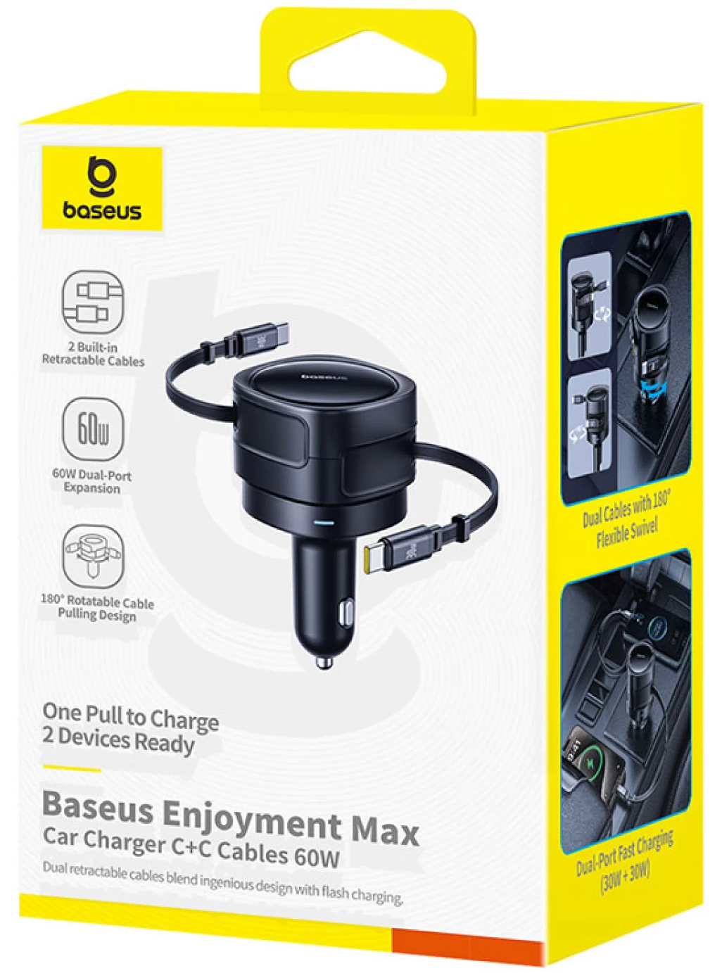 Auto punjač s USB-C kabelom Baseus Enjoyment Max, 60 W, crni C00035507121-01