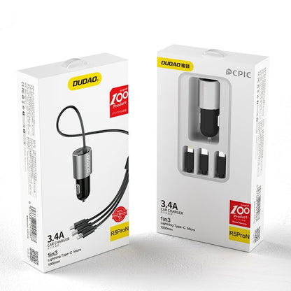 Auto punjač s Lightning / microUSB / USB-C kabelom Dudao R5ProN, 17W, 3.4A, 1 x USB-A, Crni