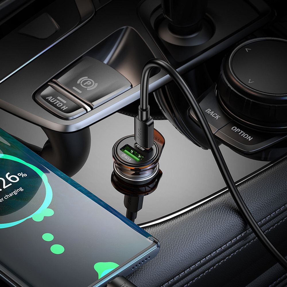 Auto punjač s Lightning kabelom HOCO NZ16A, 43W, 3A, 1 x USB-A - 1 x USB-C, Sivi
