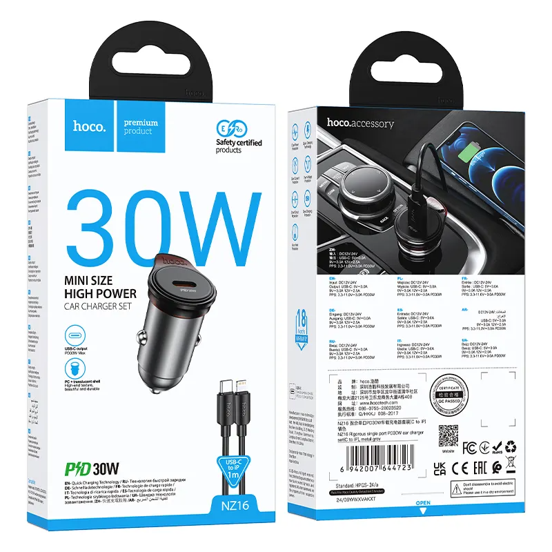 Auto punjač s Lightning kabelom HOCO NZ16, 30W, 3A, 1 x USB-C, Sivi