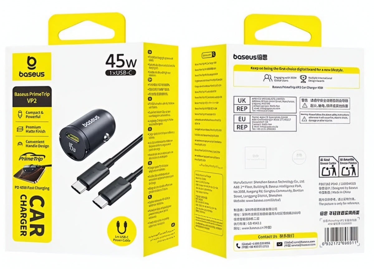 Auto punjač s USB-C kabelom Baseus PrimeTrip VP2, 45W, 3A, 1 x USB-C, Crni C0206800