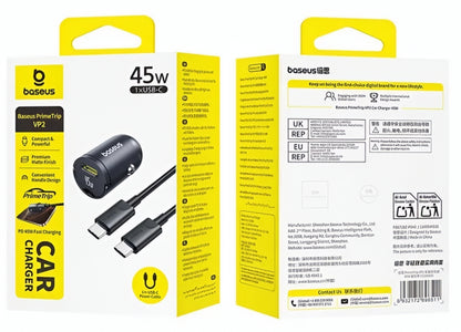 Auto punjač s USB-C kabelom Baseus PrimeTrip VP2, 45W, 3A, 1 x USB-C, Crni C0206800