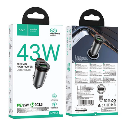 Auto punjač s USB-C kabelom HOCO NZ16A, 43W, 3A, 1 x USB-A - 1 x USB-C, Sivi