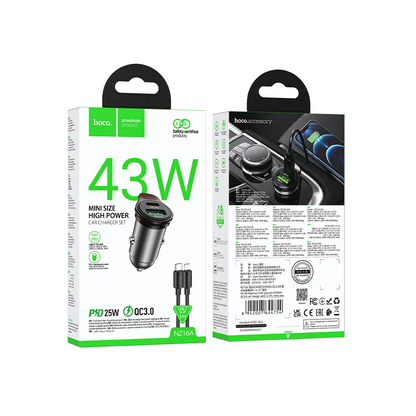 Auto punjač s Lightning kabelom HOCO NZ16A, 43W, 3A, 1 x USB-A - 1 x USB-C, Sivi