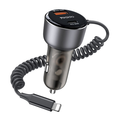 Auto punjač s Lightning kabelom Yesido Y57, 50W, 3A, 1 x USB-A - 1 x USB-C, Crni