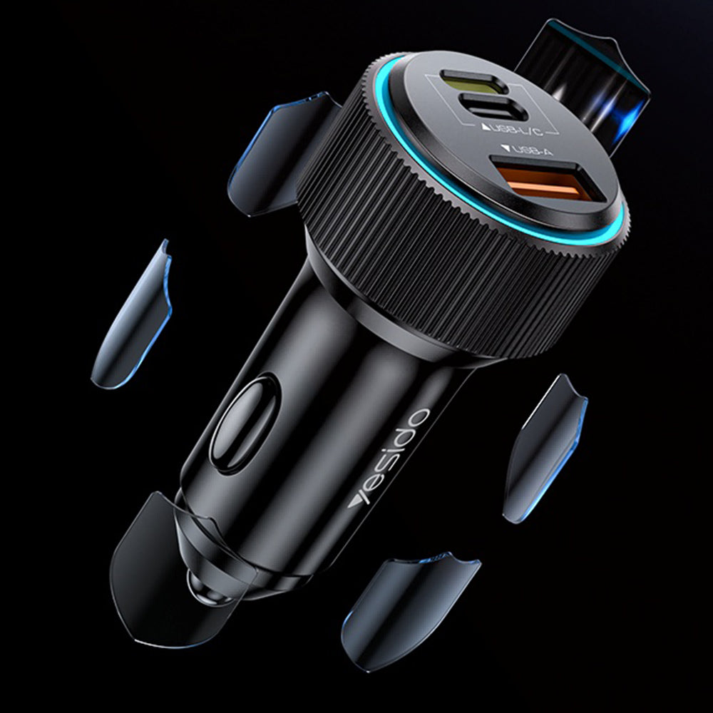 Auto punjač s Lightning kabelom Yesido Y60, 38W, 3A, 1 x USB-A - 2 x USB-C, Crni