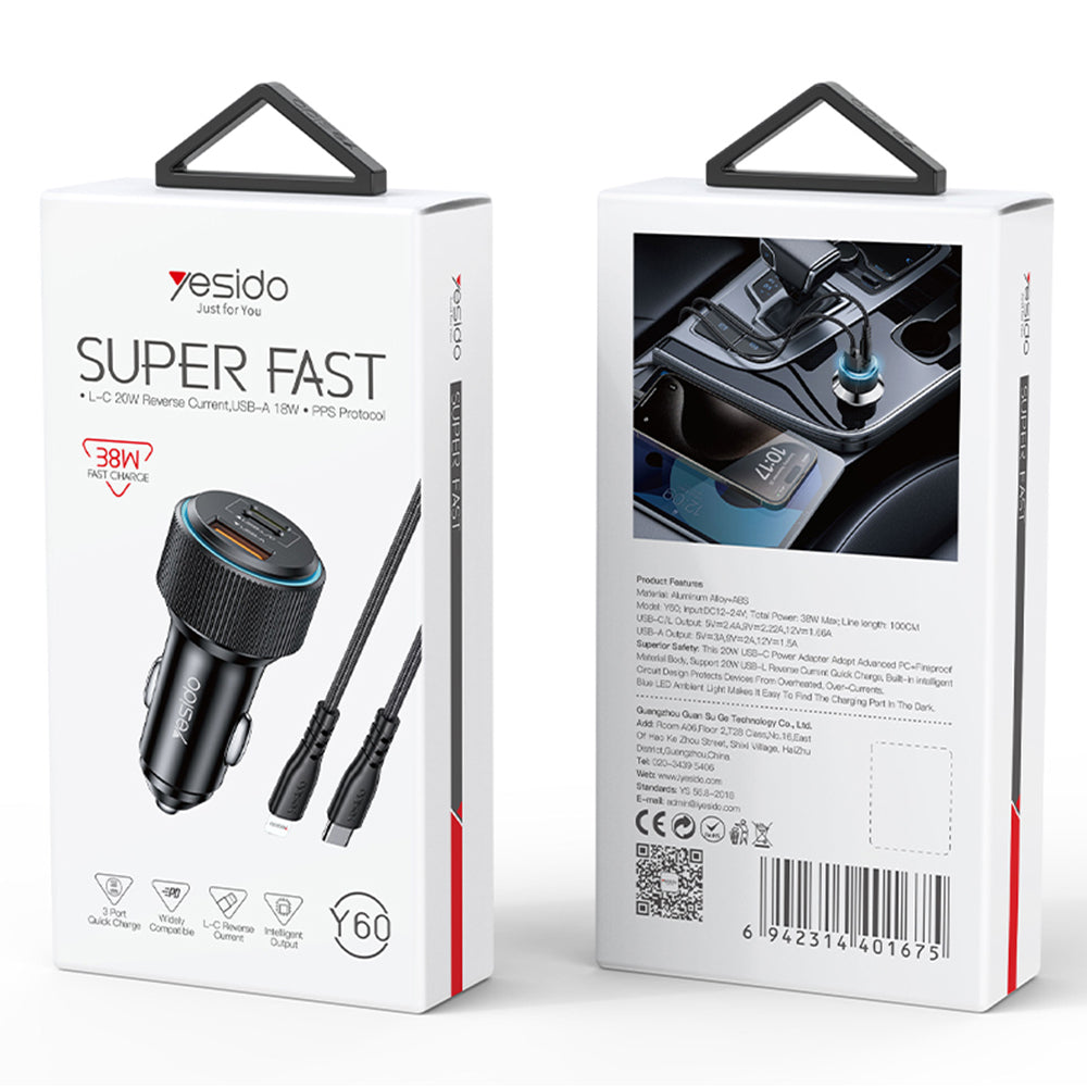 Auto punjač s Lightning kabelom Yesido Y60, 38W, 3A, 1 x USB-A - 2 x USB-C, Crni