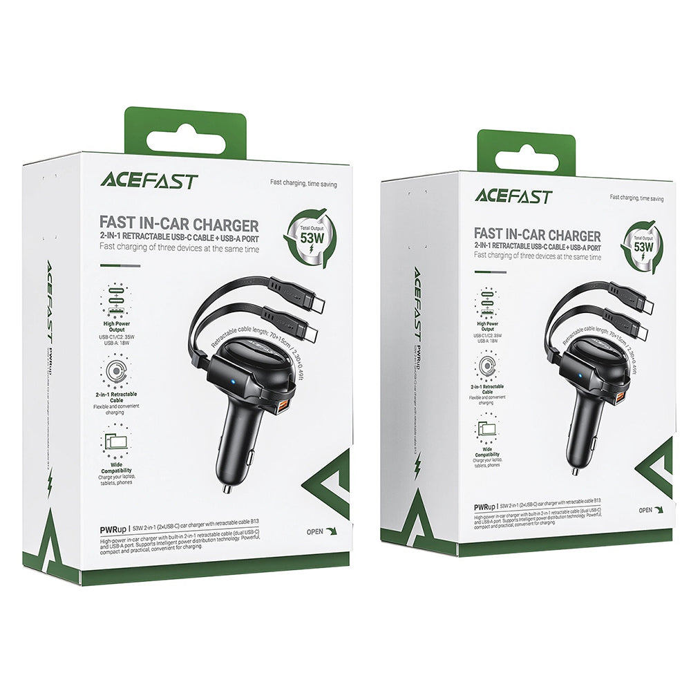 Auto punjač s USB-C kabelom Acefast B13, 53W, 3A, 1 x USB-A, Crni