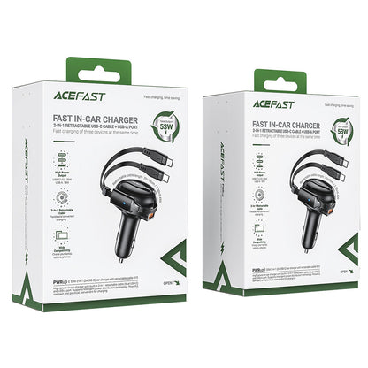 Auto punjač s USB-C kabelom Acefast B13, 53W, 3A, 1 x USB-A, Crni