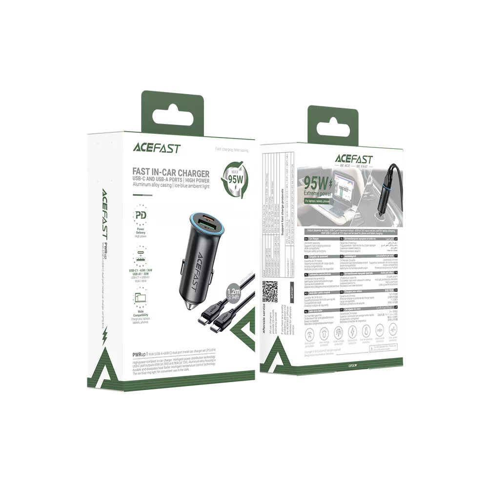 Auto punjač s USB-C kabelom Acefast B16, 95W, 3.25A, 1 x USB-A - 1 x USB-C, Sivi
