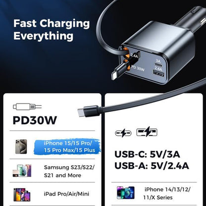Auto punjač s USB-C / Lightning kabelom Techsuit C1 NanoVoltX, 69W, 3A, 1 x USB-A - 1 x USB-C, Sivi