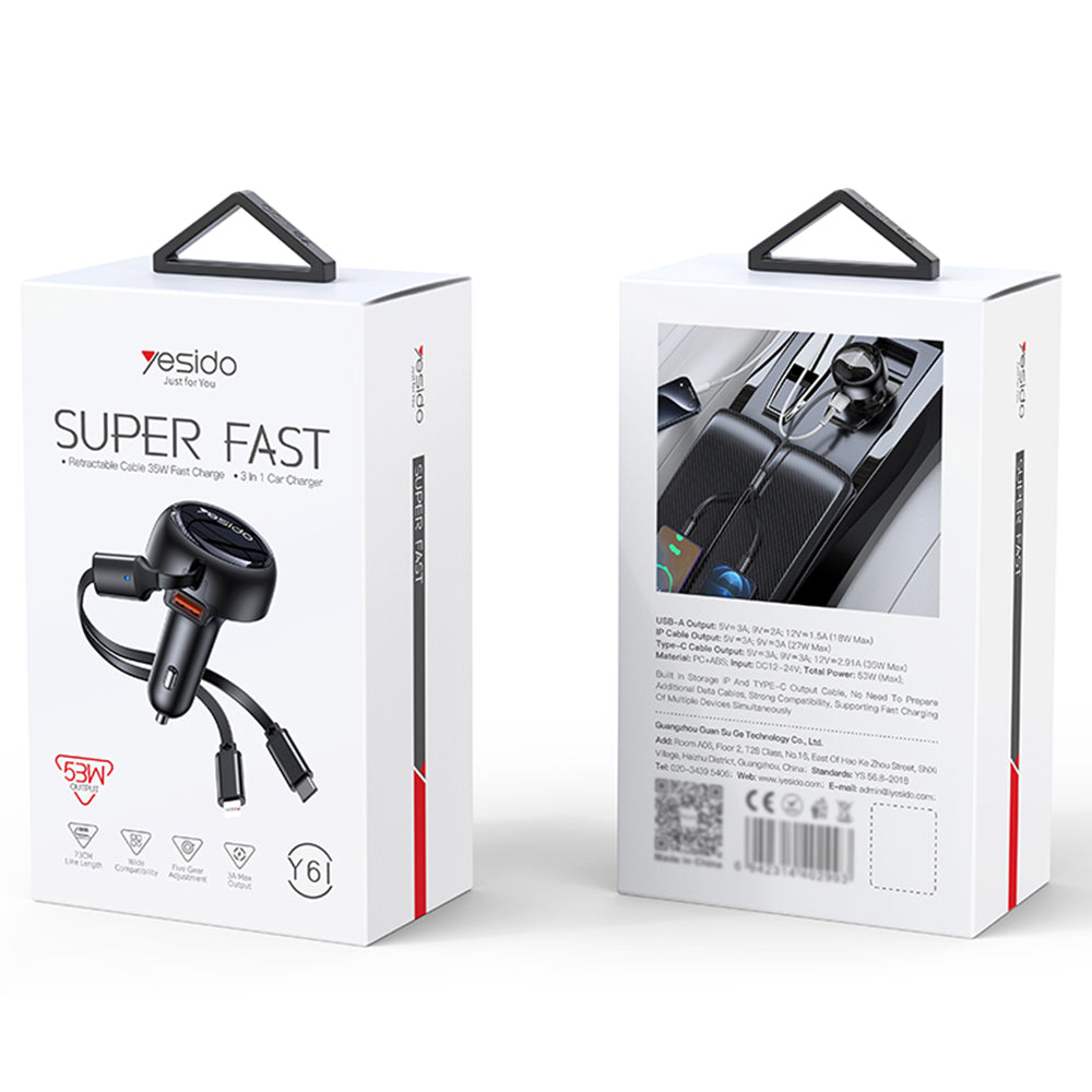 Auto punjač s USB-C / Lightning kabelom Yesido Y61, 53W, 3A, 1 x USB-A, Crni