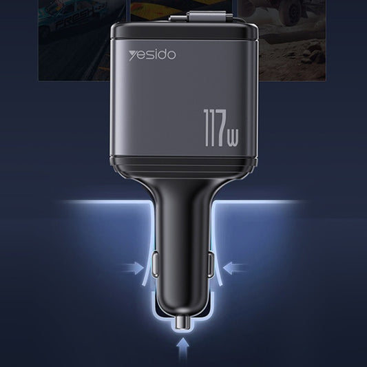 Auto punjač s USB-C / Lightning kabelom Yesido Y63 Display, 117W, 3A, 1 x USB-A - 1 x USB-C, Sivi