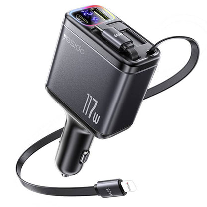 Auto punjač s USB-C / Lightning kabelom Yesido Y63 Display, 117W, 3A, 1 x USB-A - 1 x USB-C, Sivi