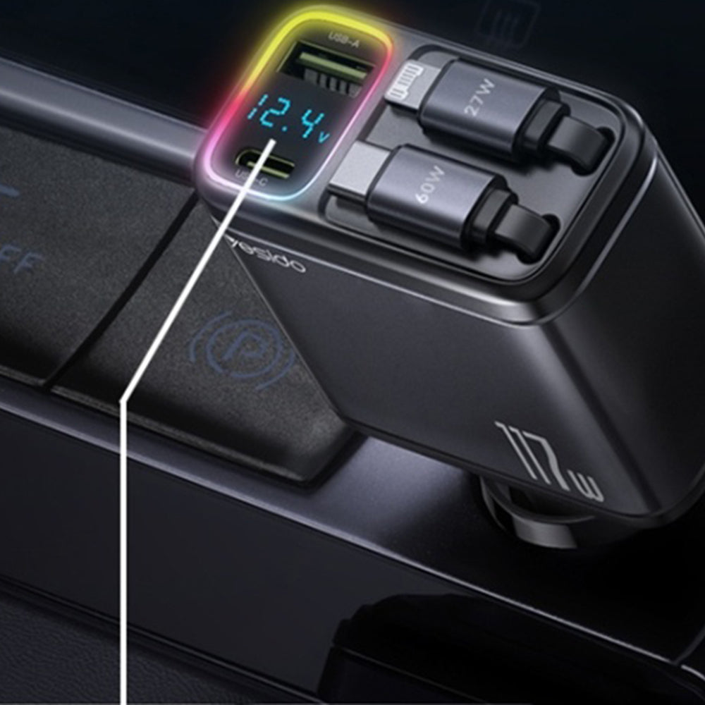 Auto punjač s USB-C / Lightning kabelom Yesido Y63 Display, 117W, 3A, 1 x USB-A - 1 x USB-C, Sivi