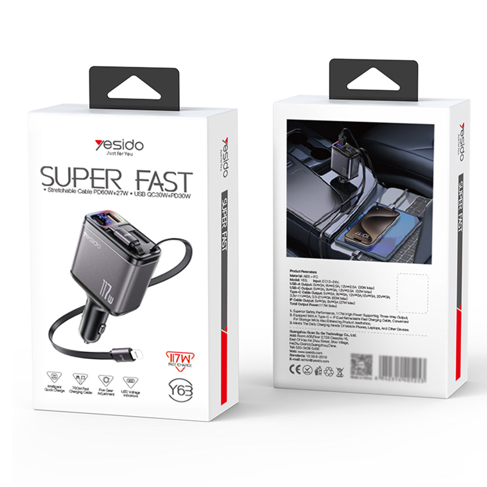 Auto punjač s USB-C / Lightning kabelom Yesido Y63 Display, 117W, 3A, 1 x USB-A - 1 x USB-C, Sivi