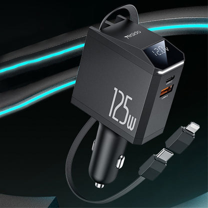 Auto punjač s USB-C / Lightning kabelom Yesido Y71 Display, 125W, 3A, 1 x USB-A - 1 x USB-C, Crni