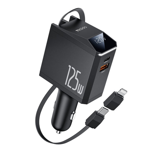 Auto punjač s USB-C / Lightning kabelom Yesido Y71 Display, 125W, 3A, 1 x USB-A - 1 x USB-C, Crni