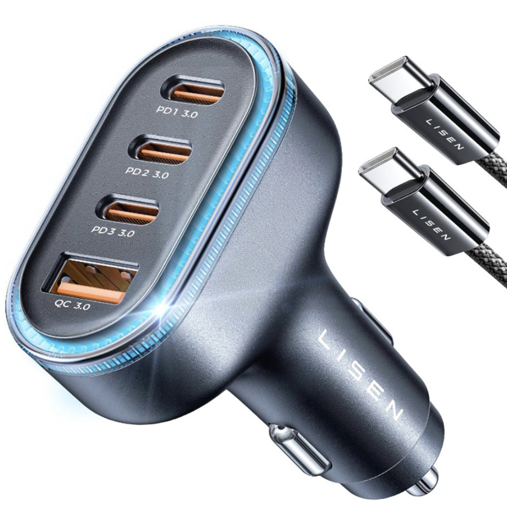 Auto punjač s USB-C kabelom Lisen, 101W, 3.25A, 1 x USB-A - 3 x USB-C, Crni YL0223120021