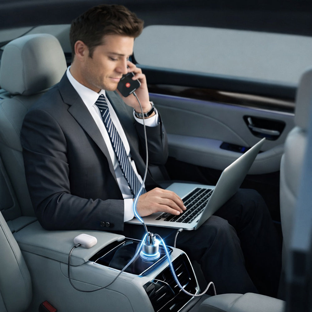 Auto punjač s USB-C kabelom Lisen, 170W, 5A, 1 x USB-A - 2 x USB-C, Crni YL0225060006