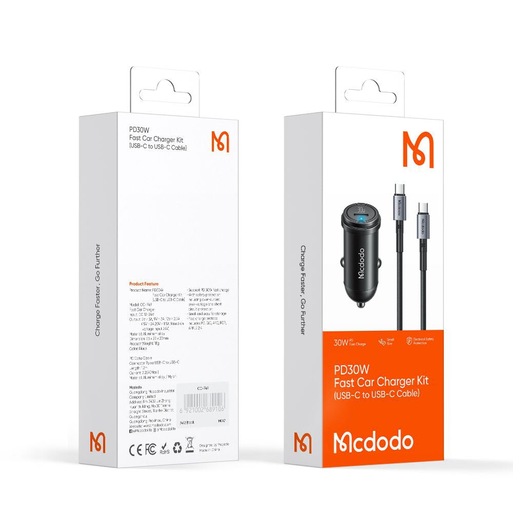 Auto punjač s USB-C kabelom McDodo CC-7493 Obsidian, 30W, 3A, 1 x USB-C, Crni