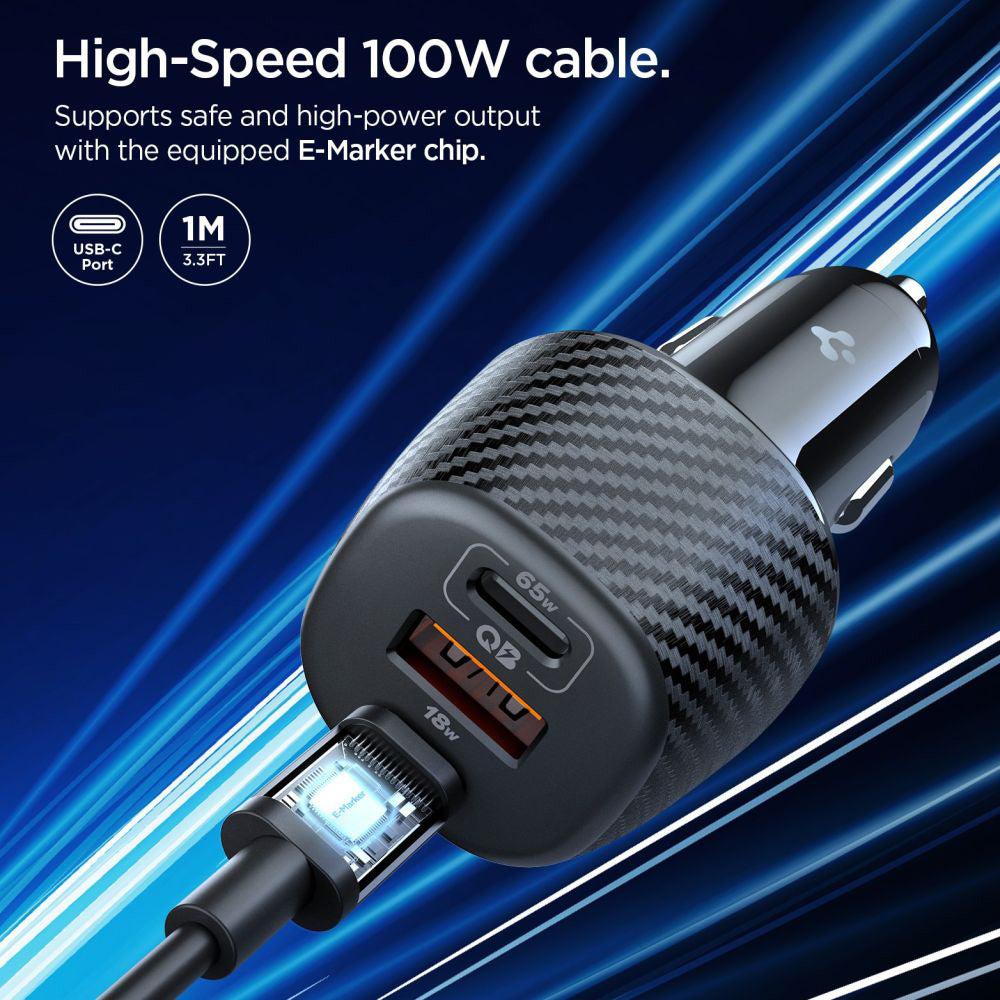 Auto punjač sa USB-C kabelom Spigen EV1133, 113W, 3.25A, 1 x USB-A - 2 x USB-C, Crni