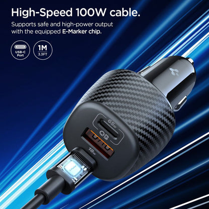 Auto punjač sa USB-C kabelom Spigen EV1133, 113W, 3.25A, 1 x USB-A - 2 x USB-C, Crni