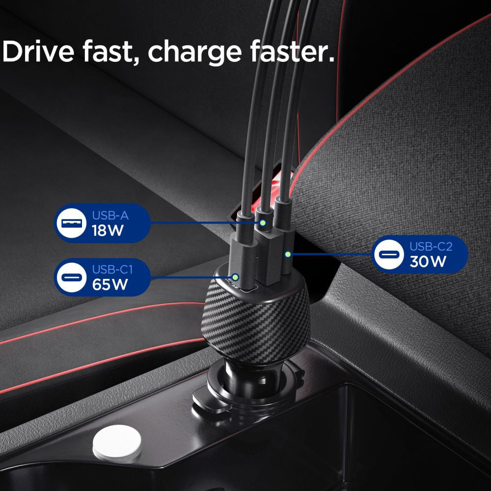 Auto punjač sa USB-C kabelom Spigen EV1133, 113W, 3.25A, 1 x USB-A - 2 x USB-C, Crni