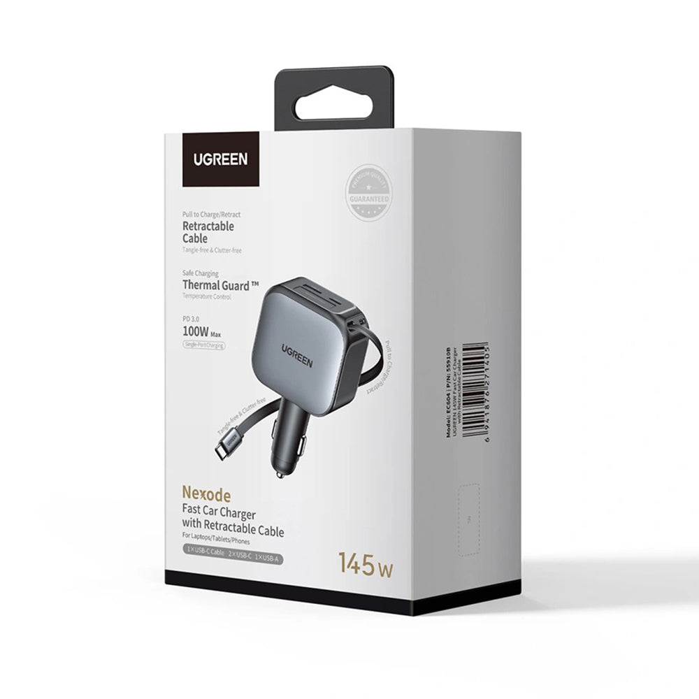 Auto punjač s USB-C kabelom UGREEN EC604 (55910B) Nexode, 145W, 1 x USB-A - 2 x USB-C, Crni