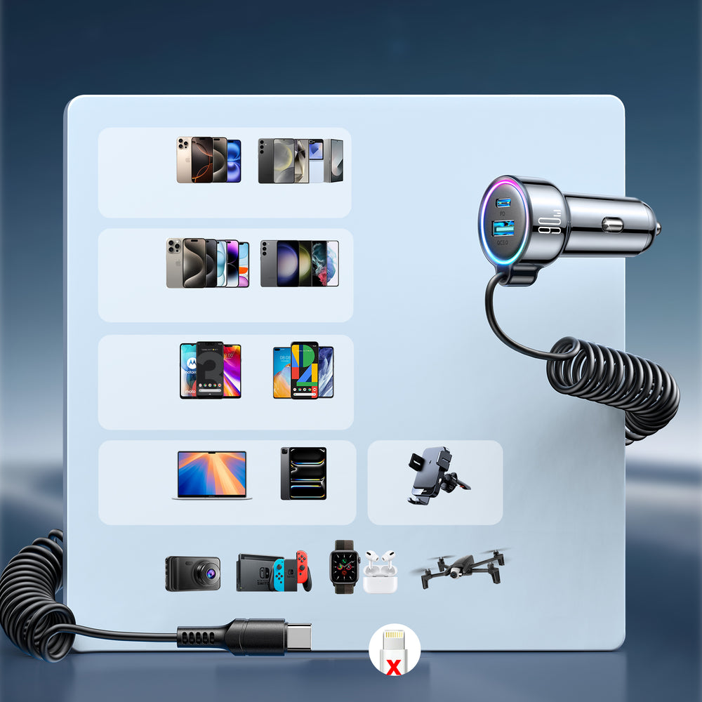 Auto punjač s USB-C kabelom Joyroom JR-CL07, 90W, 3A, 1 x USB-A - 1 x USB-C, Crni