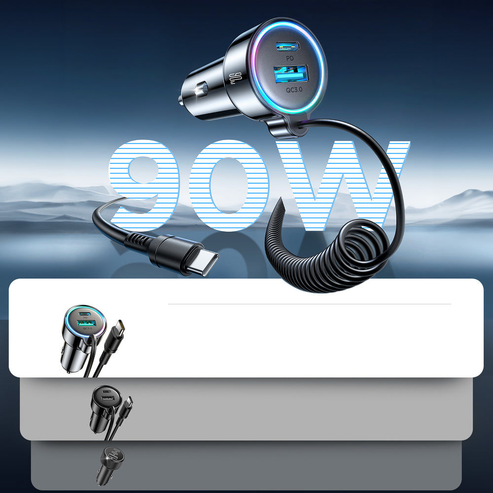 Auto punjač s USB-C kabelom Joyroom JR-CL07, 90W, 3A, 1 x USB-A - 1 x USB-C, Crni