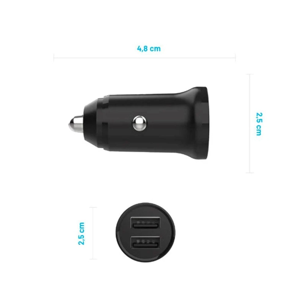 Auto punjač Fixed, 15.5W, 3A, 2 x USB-A, Crni