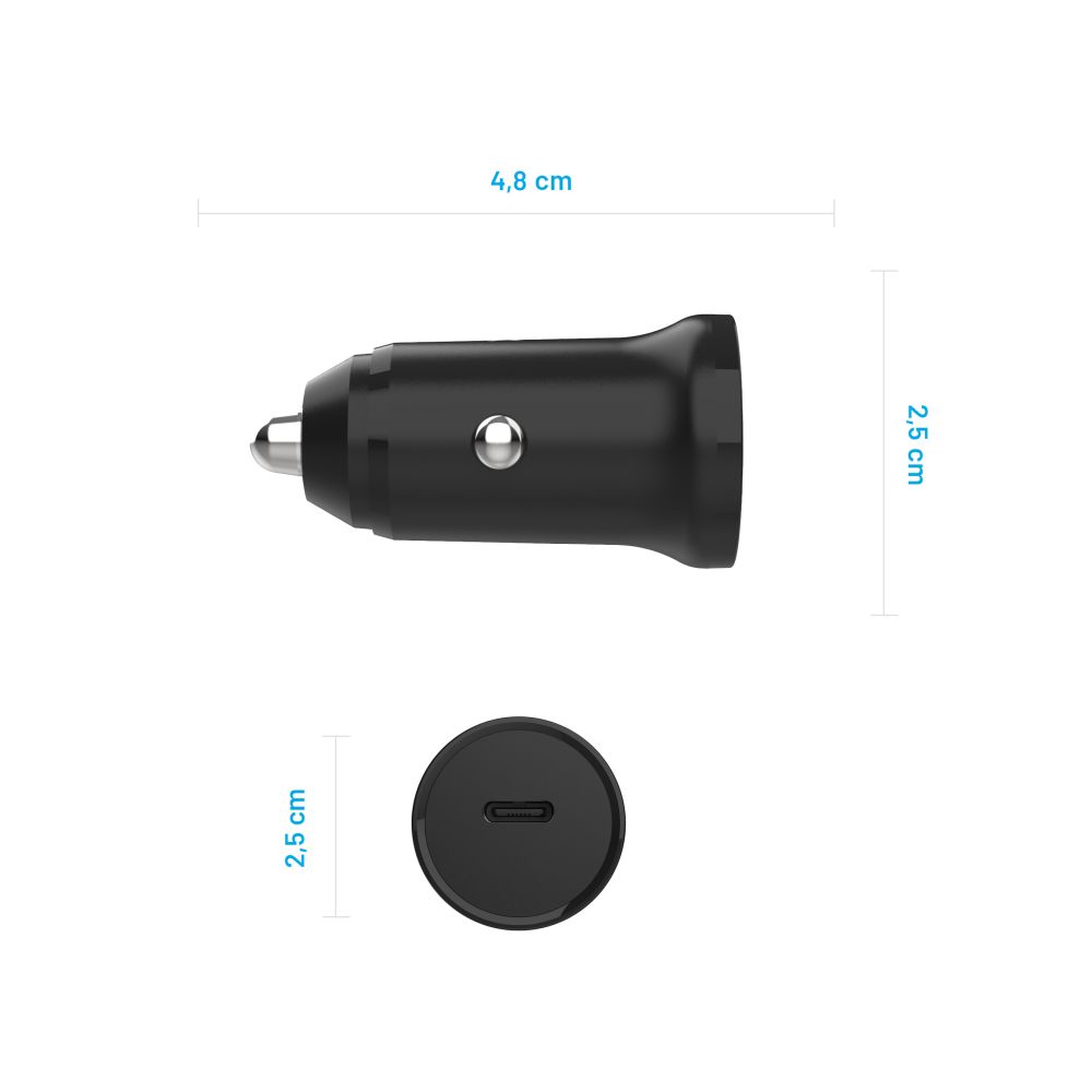 Auto punjač Fixed, 20W, 3A, 1 x USB-C, Crni