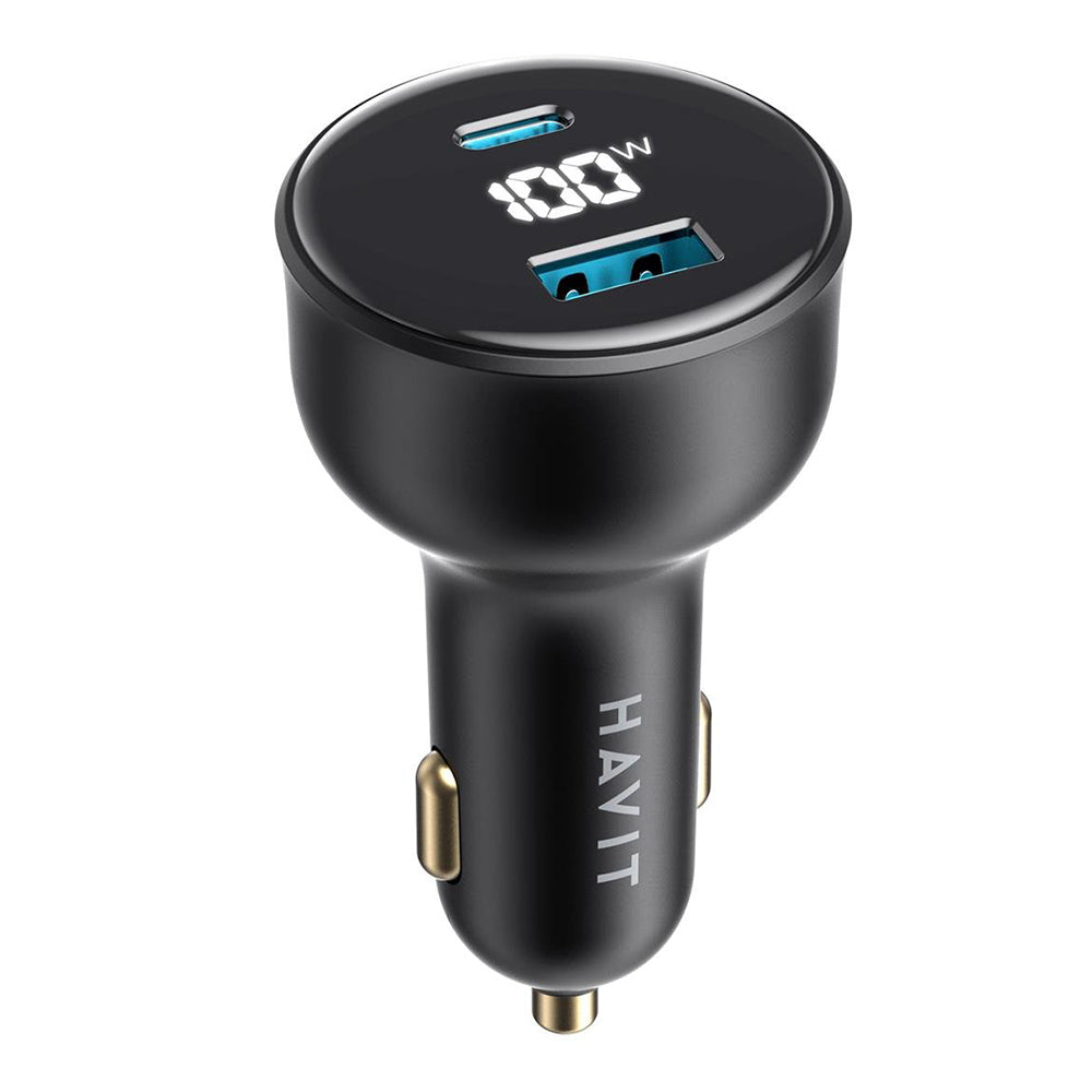Auto punjač HAVIT CC100W Display, 100W, 5A, 1 x USB-A - 1 x USB-C, Crni