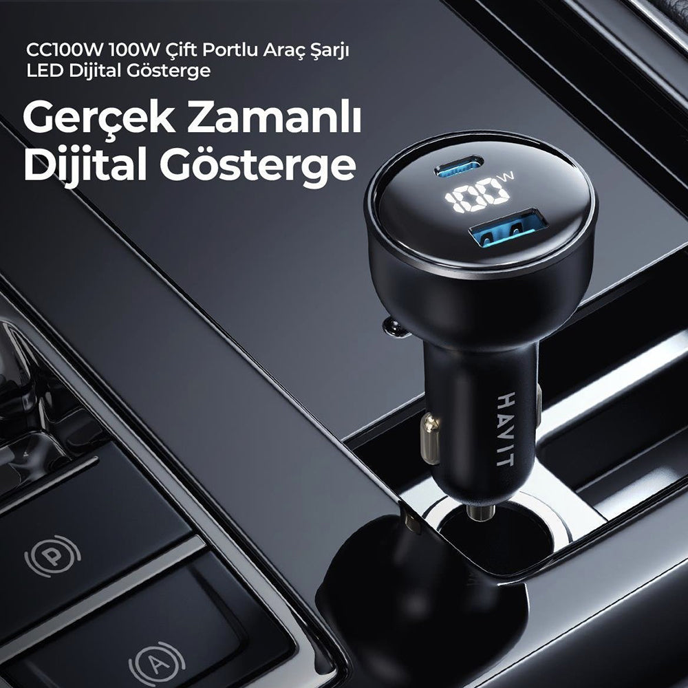 Incarcator Auto HAVIT CC100W Display, 100W, 5A, 1 x USB-A - 1 x USB-C, Negru