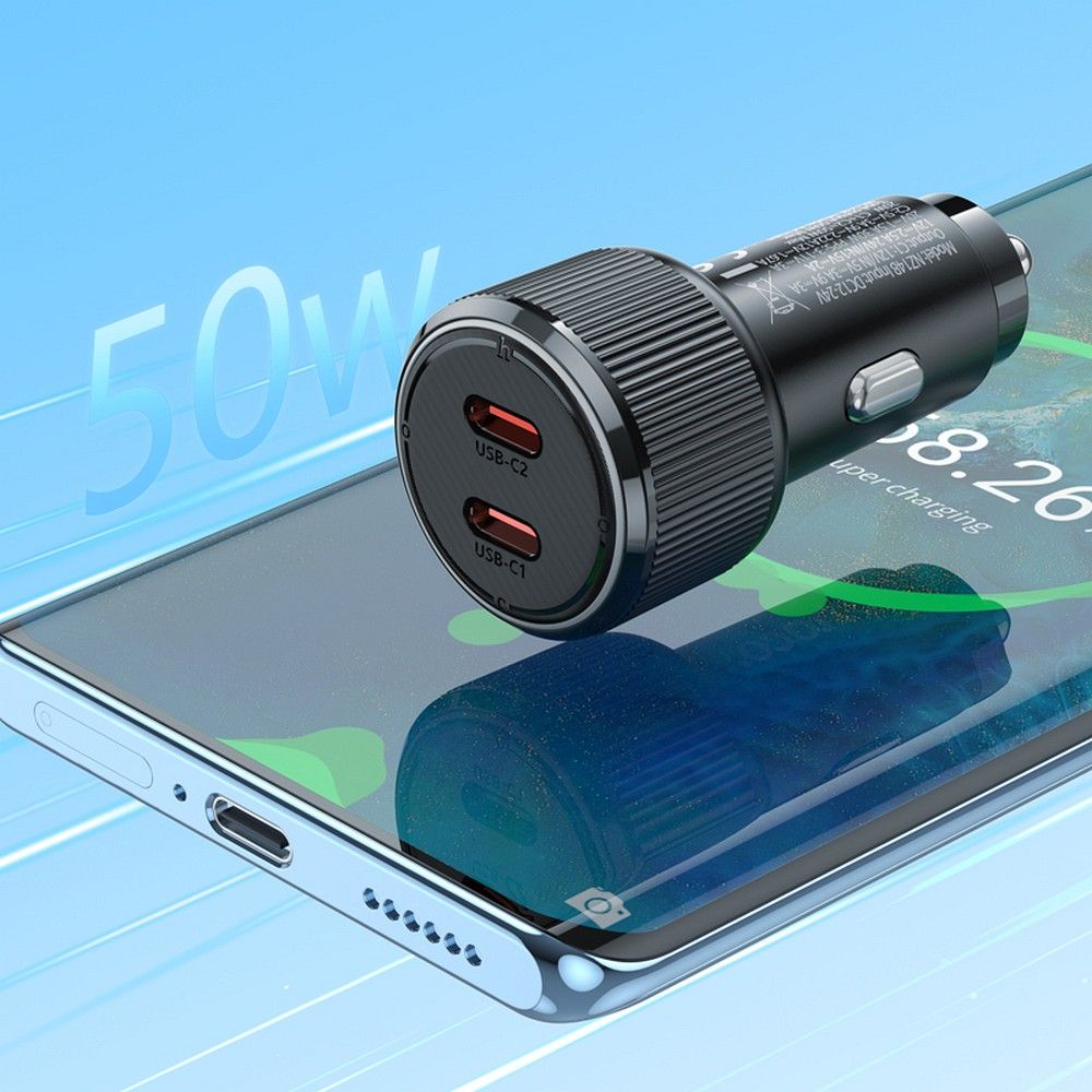 Auto punjač HOCO NZ14B, 50W, 3A, 2 x USB-C, Crni