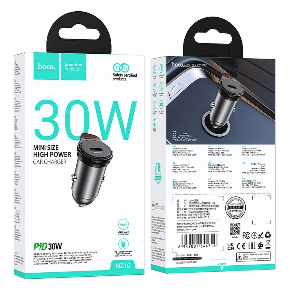 Auto punjač HOCO NZ16, 30W, 3A, 1 x USB-C, Sivi