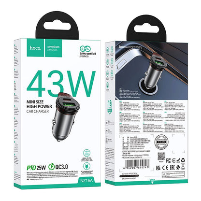 Auto punjač HOCO NZ16A, 43W, 3A, 1 x USB-A - 1 x USB-C, Sivi