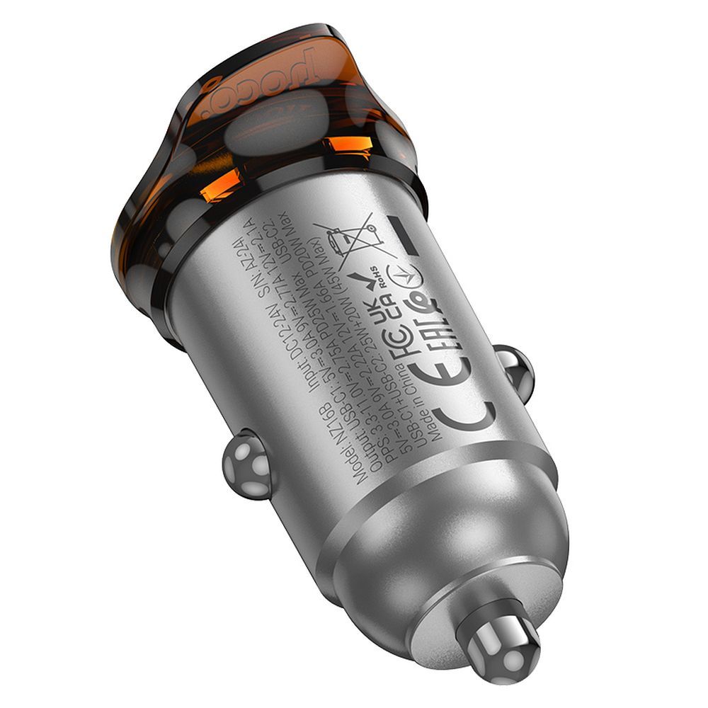 Auto punjač HOCO NZ16B, 45W, 3A, 2 x USB-C, Sivi