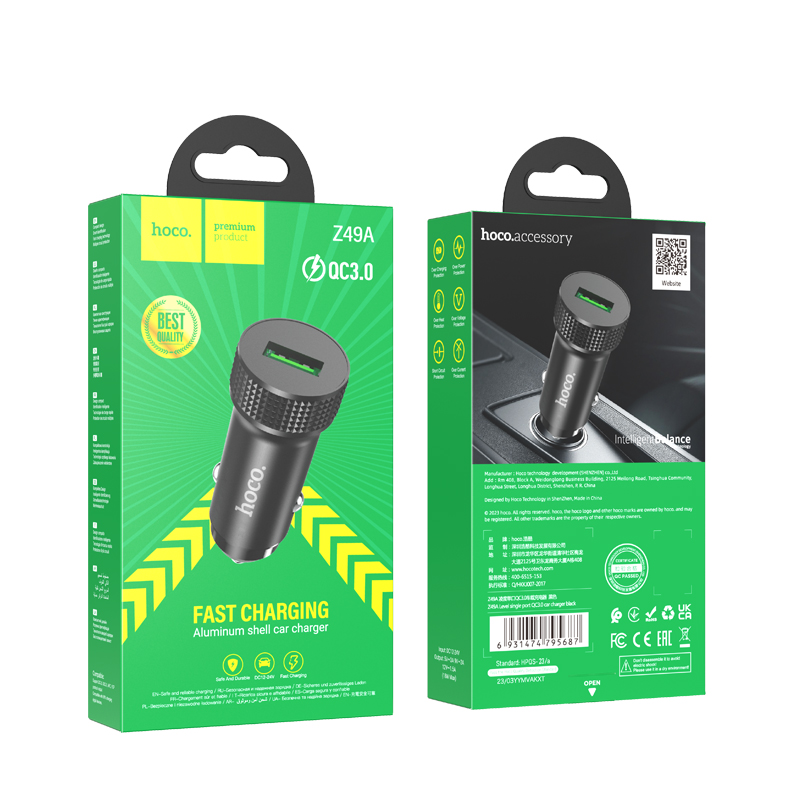 Auto punjač HOCO Z49A, 18W, 3A, 1 x USB-A, Crna