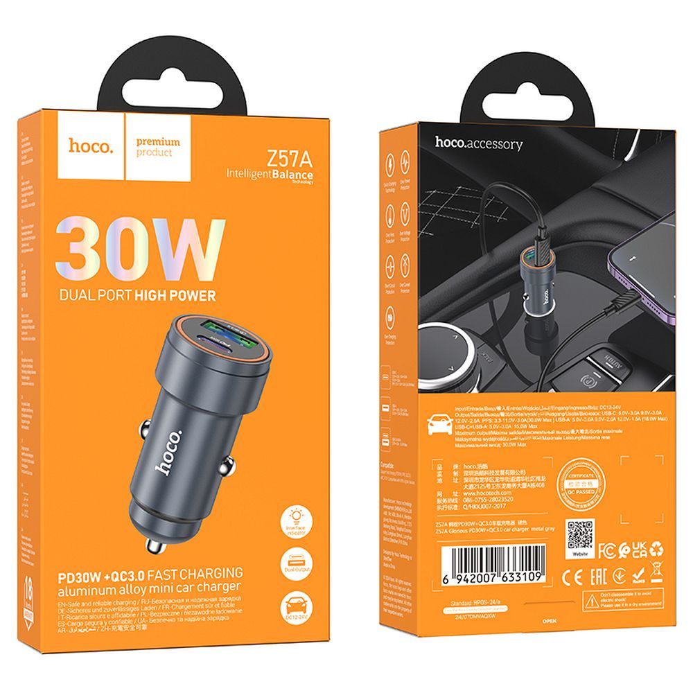 Auto punjač HOCO Z57A, 30W, 3A, 1 x USB-A - 1 x USB-C, Sivi